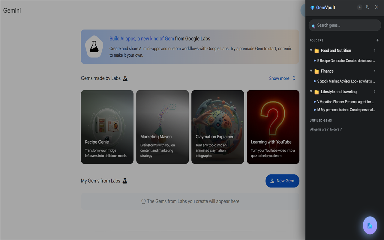 GemVault Chrome extension popup interface showing the Gem library and folder structure