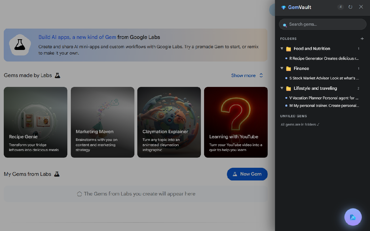 GemVault panel open inside Google Gemini, showing Gems organized into labeled folders